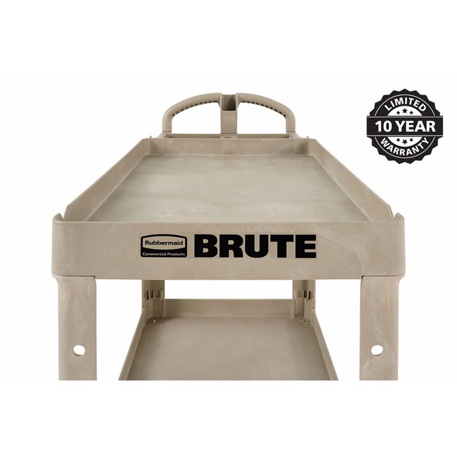 The BRUTE Heavy-Duty Utility Cart with Lipped Shelf transports materials, supplies, and heavy loads securely with up to 500 lbs. load capacity. The lipped shelves prevents items from falling off the cart and features an integrated V-notch to hold pipe and conduit securely for safe cutting.