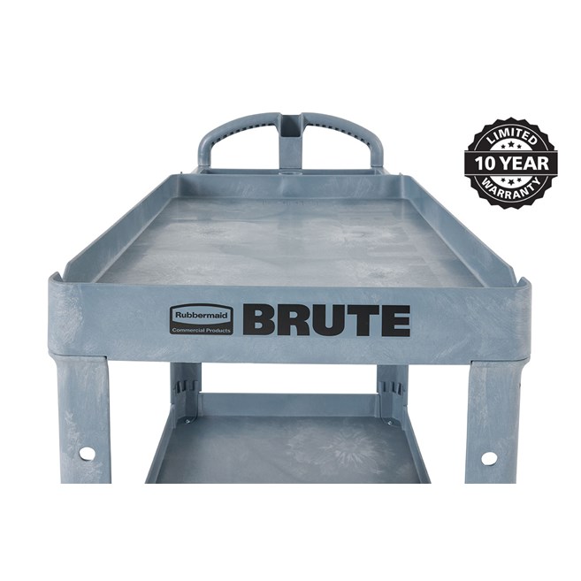 The BRUTE Heavy-Duty Utility Cart with Lipped Shelf transports materials, supplies, and heavy loads securely with up to 500 lbs. load capacity. The lipped shelves prevents items from falling off the cart and features an integrated V-notch to hold pipe and conduit securely for safe cutting.
