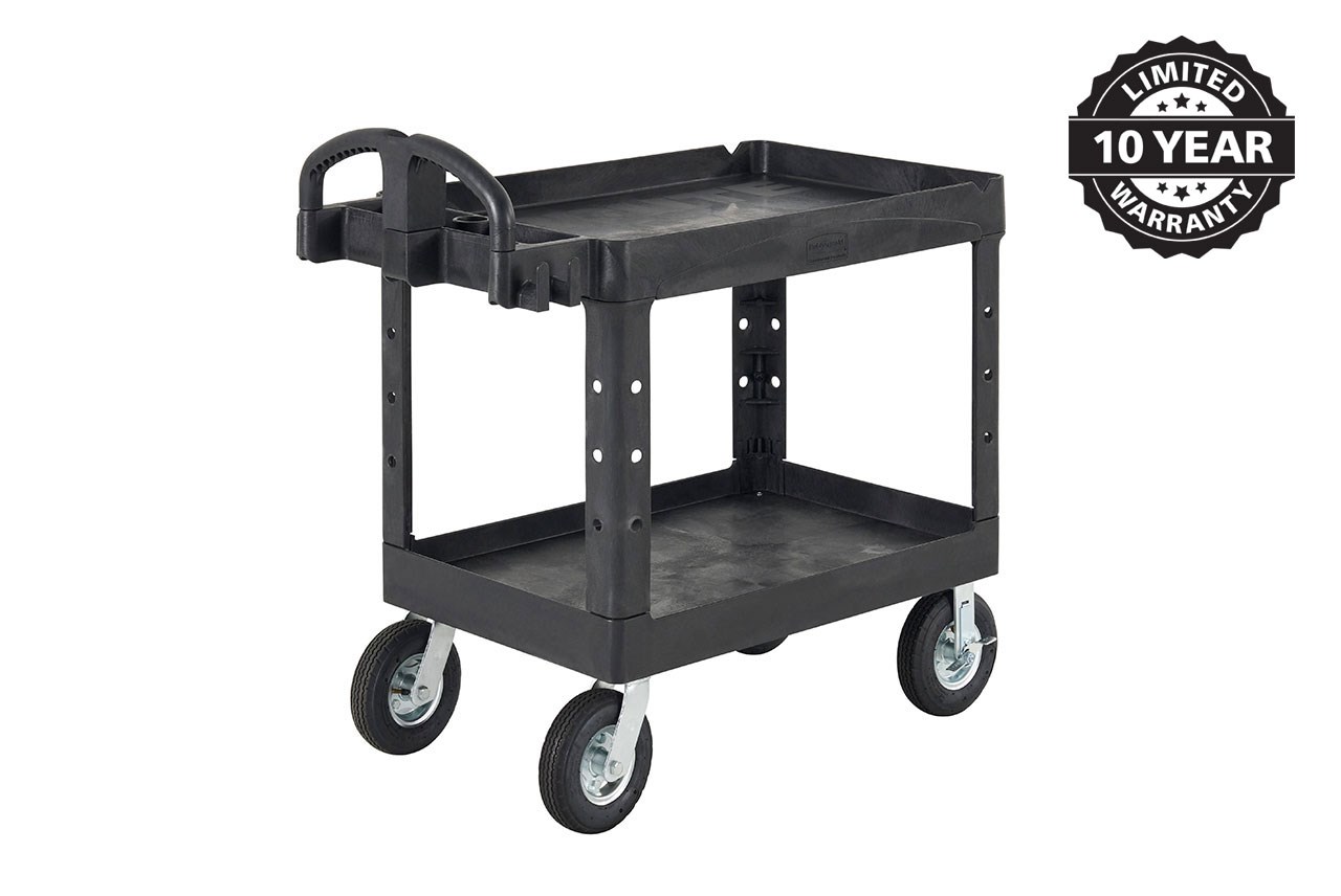 The BRUTE Heavy Duty Utility Cart with lipped shelves is a durable versatile cart that is ideal for transporting materials, supplies, and heavy loads up to 500 lbs. The lipped shelves prevent items from falling off the cart and features an integrated V-notch to hold pipe and conduit securely for safe cutting.
