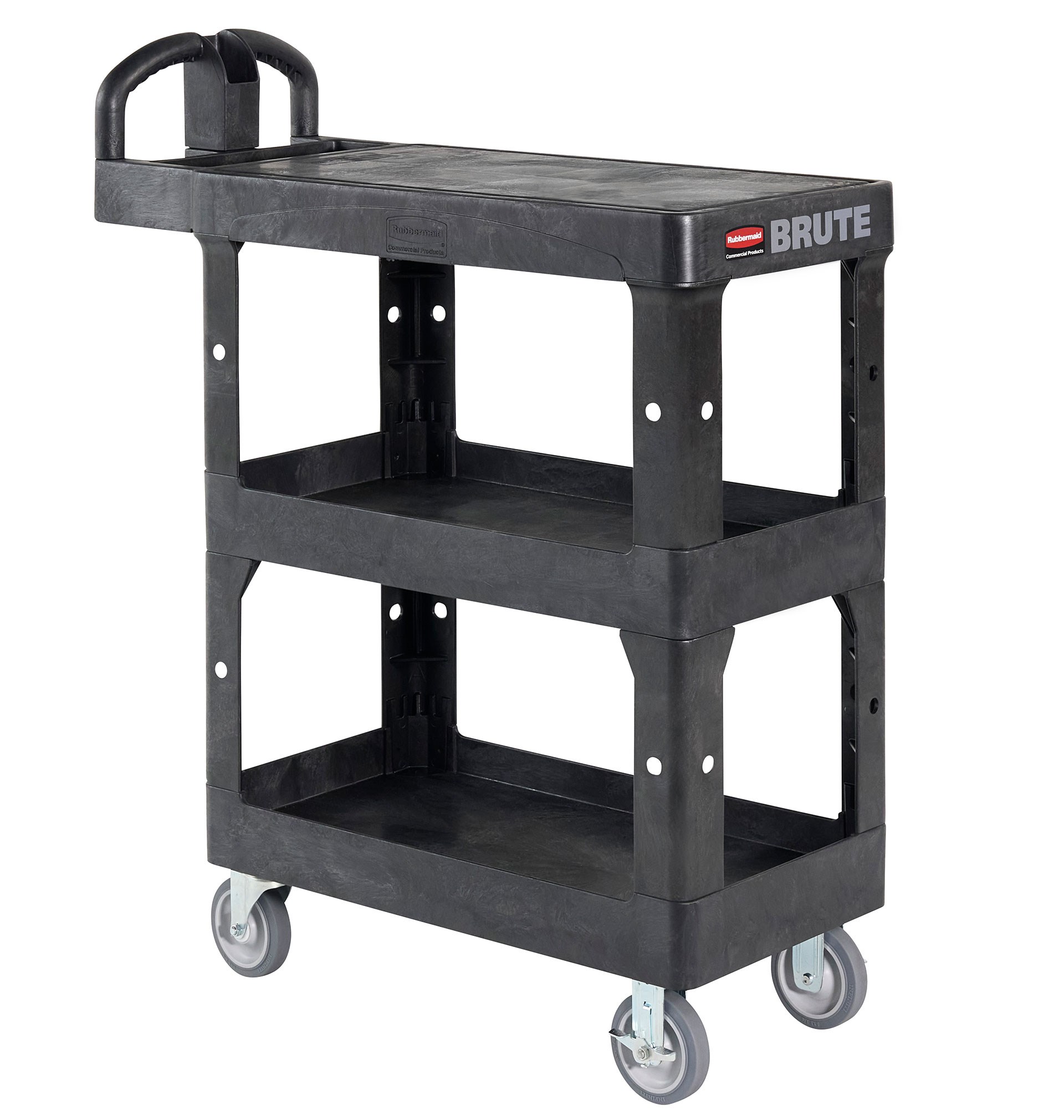 The BRUTE Heavy Duty 3-Shelf Utility Cart with a flat shelf is a durable versatile cart that is ideal for transporting materials, supplies, and heavy loads up to 600 lbs.