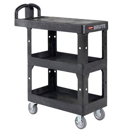 The BRUTE Heavy Duty 3-Shelf Utility Cart with a flat shelf is a durable versatile cart that is ideal for transporting materials, supplies, and heavy loads up to 600 lbs.