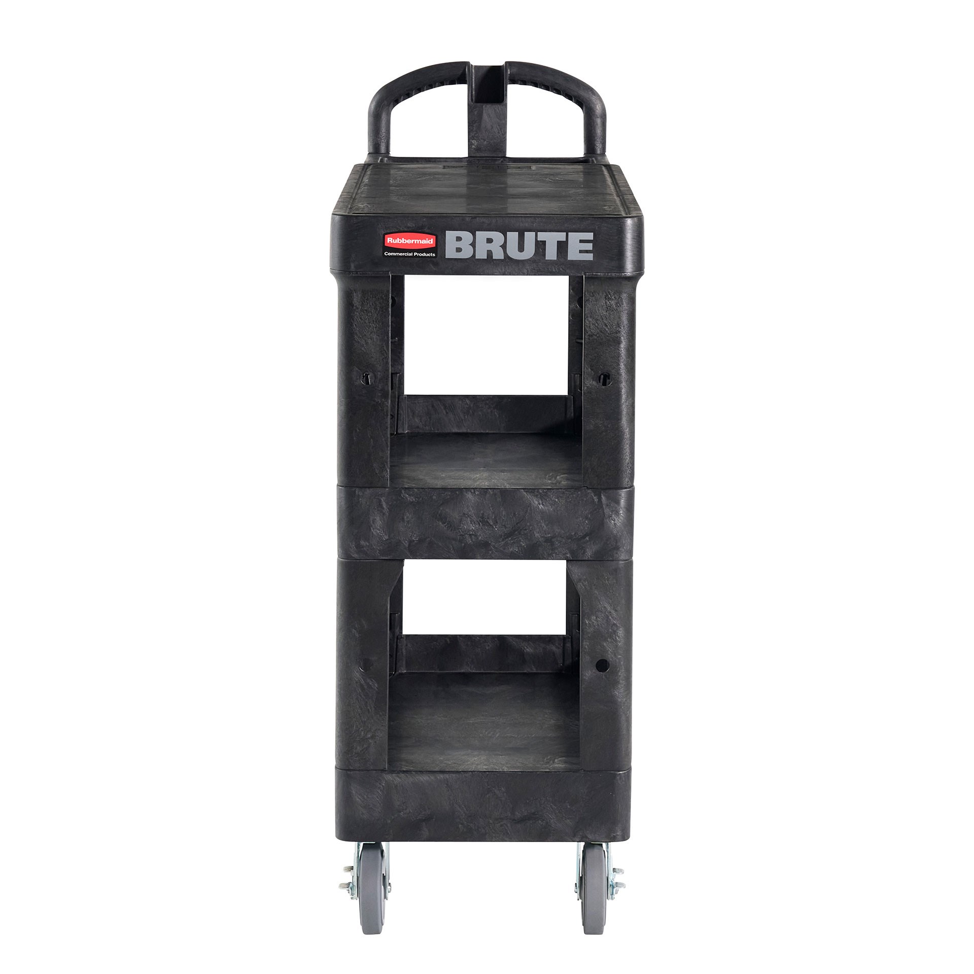 The BRUTE Heavy Duty 3-Shelf Utility Cart with a flat shelf is a durable versatile cart that is ideal for transporting materials, supplies, and heavy loads up to 600 lbs.