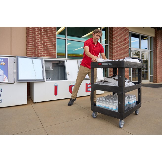The BRUTE Heavy Duty 3-Shelf Utility Cart with a lipped shelves is a durable versatile cart that is ideal for transporting materials, supplies, and heavy loads up to 600 lb.