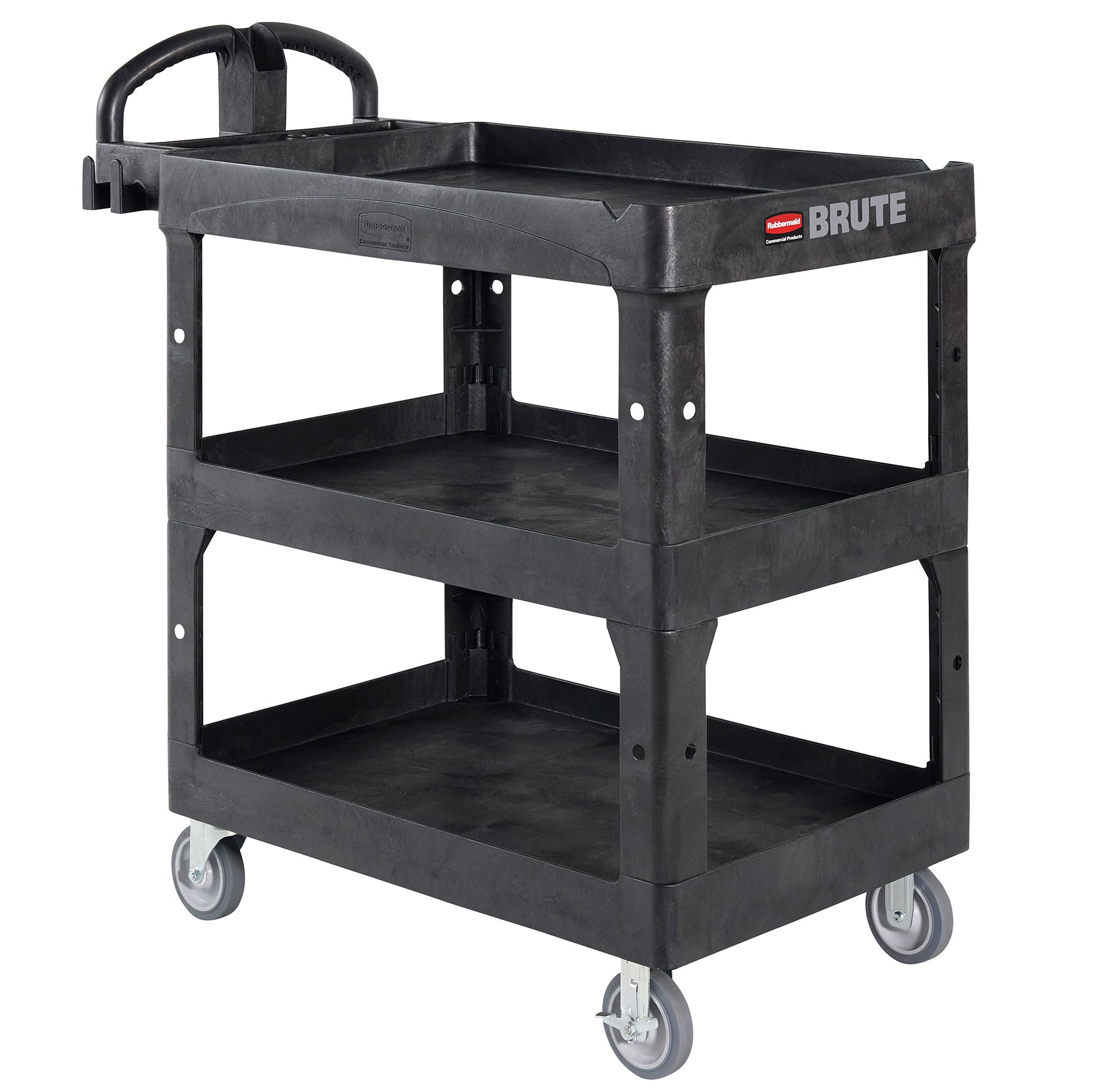 The BRUTE Heavy Duty 3-Shelf Utility Cart with a lipped shelves is a durable versatile cart that is ideal for transporting materials, supplies, and heavy loads up to 600 lb.