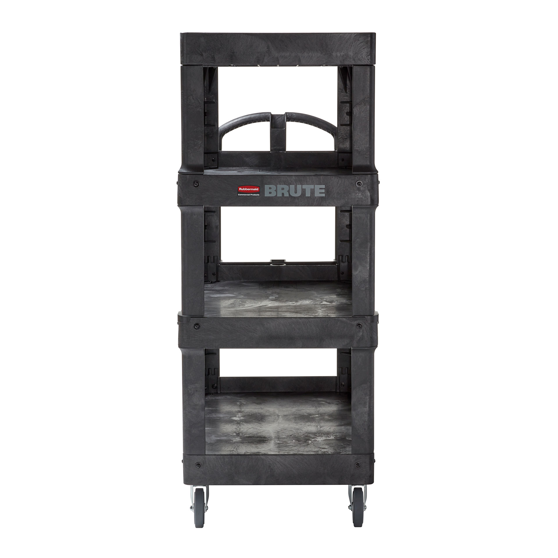 The BRUTE 4-Shelf Heavy-Duty Ergo Utility Cart provides 2X the storage capacity* to help move more materials efficiently throughout a facility.