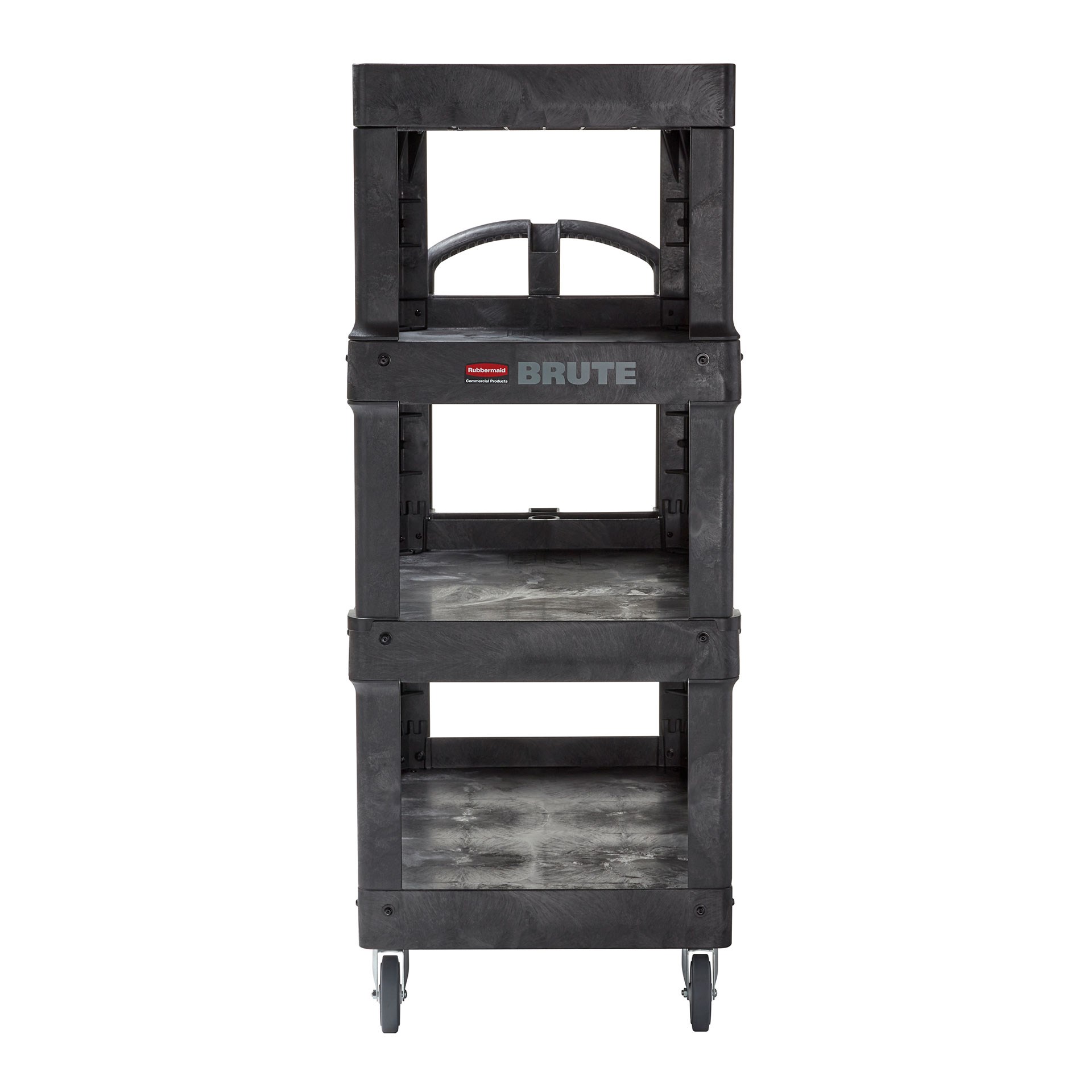 The BRUTE 4-Shelf Heavy-Duty Ergo Utility Cart provides 2X the storage capacity* to help move more materials efficiently throughout a facility.