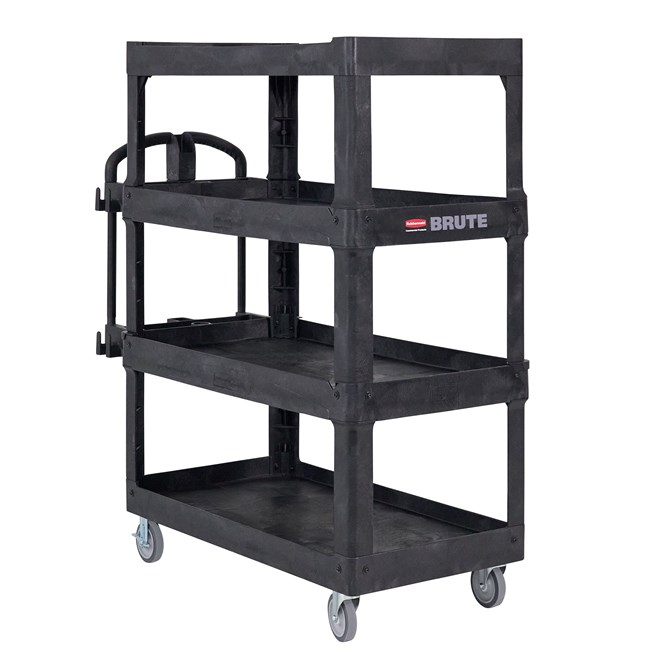 The BRUTE 4-Shelf Heavy-Duty Ergo Utility Cart provides 2X the storage capacity* to help move more materials efficiently throughout a facility.