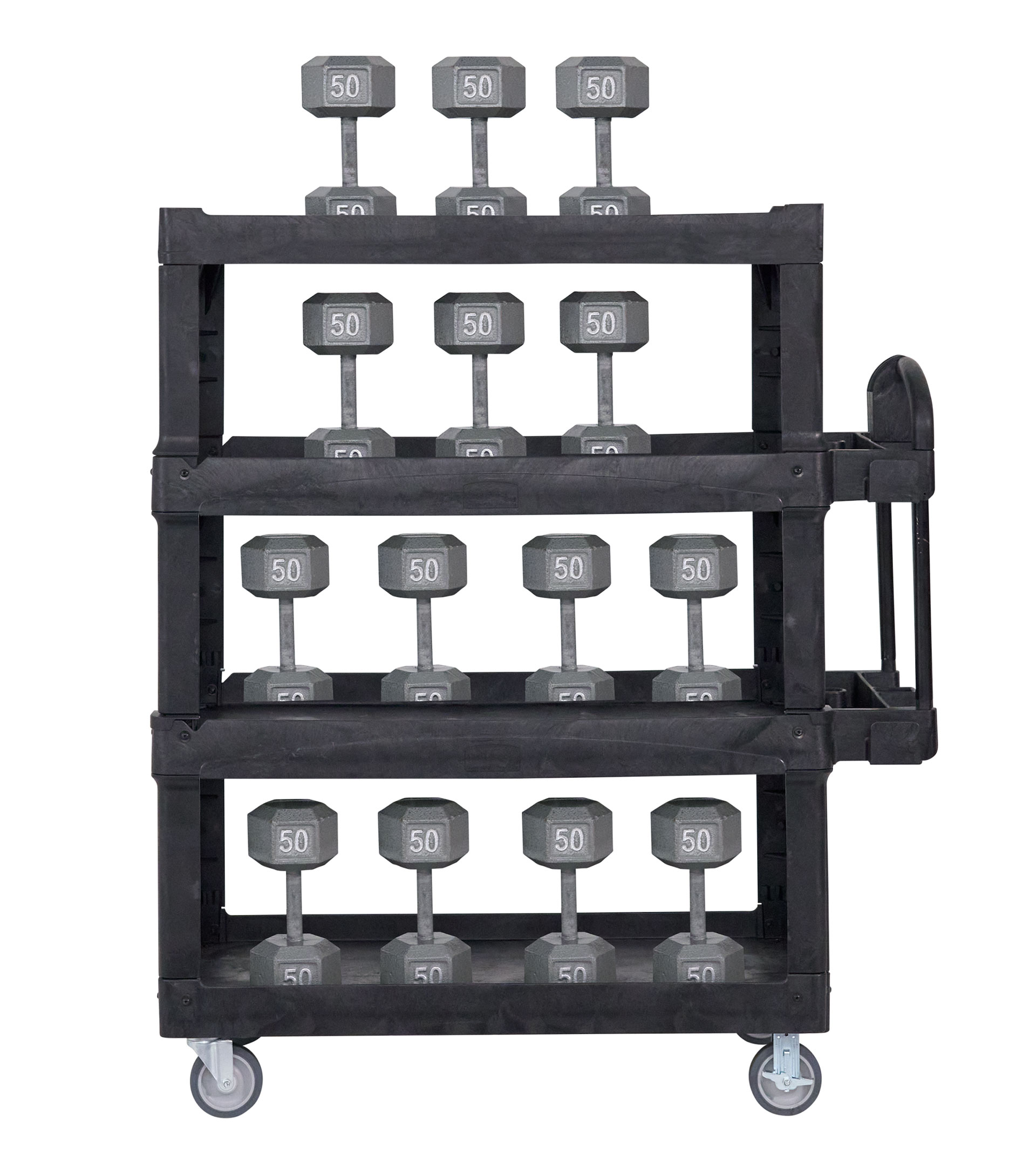 The BRUTE 4-Shelf Heavy-Duty Ergo Utility Cart provides 2X the storage capacity* to help move more materials efficiently throughout a facility.