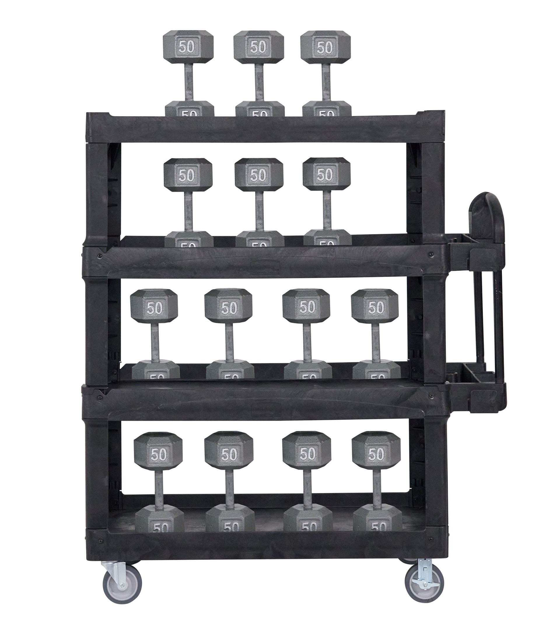 The BRUTE 4-Shelf Heavy-Duty Ergo Utility Cart provides 2X the storage capacity* to help move more materials efficiently throughout a facility.