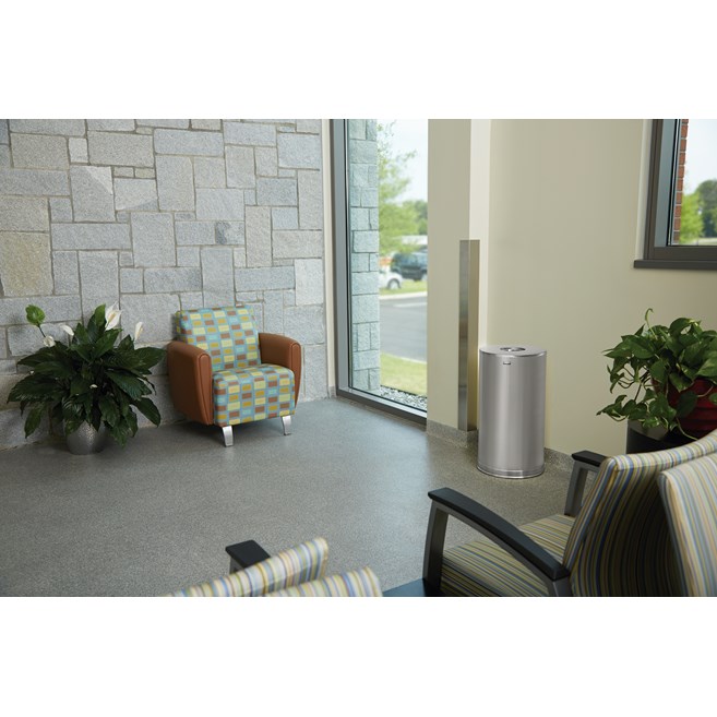 The Metallic Series 15 Gallon FGCC16 Indoor Waste Container has a sleek design that blends nicely with upscale interiors.