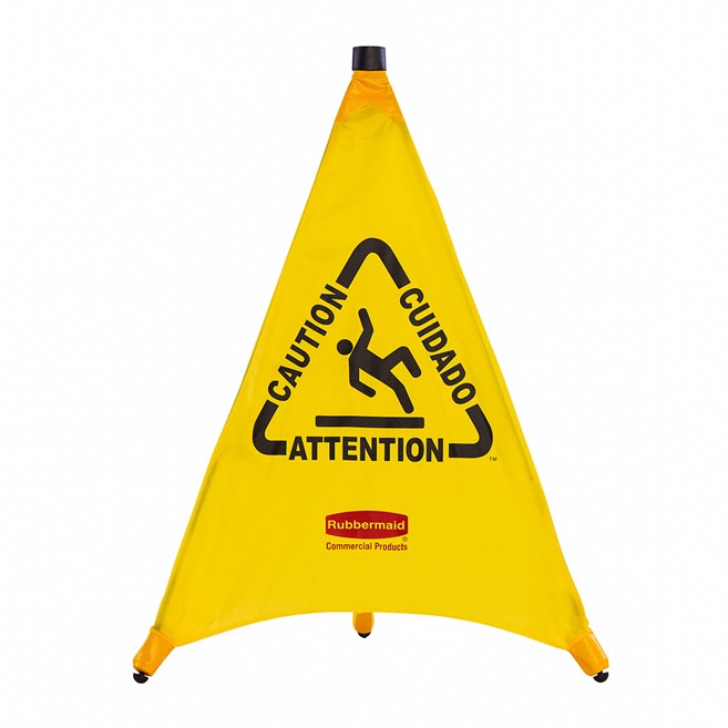 Collapsible sign automatically deploys when removed from wall-mounted storage tube. Multilingual safety communication utilizes ANSI/OSHA-compliant color and graphics