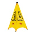 Collapsible sign automatically deploys when removed from wall-mounted storage tube. Multilingual safety communication utilizes ANSI/OSHA-compliant color and graphics