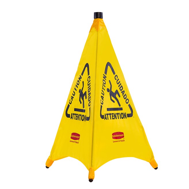 Collapsible sign automatically deploys when removed from wall-mounted storage tube. Multilingual safety communication utilizes ANSI/OSHA-compliant color and graphics