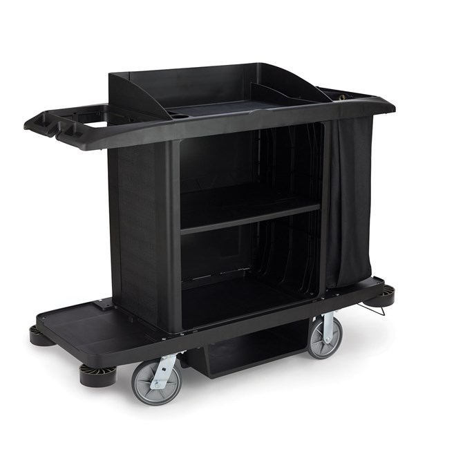 The Executive Full-Size Housekeeping Cart is a complete system solution for housekeeping with optional double bag collection and adjustable shelves.