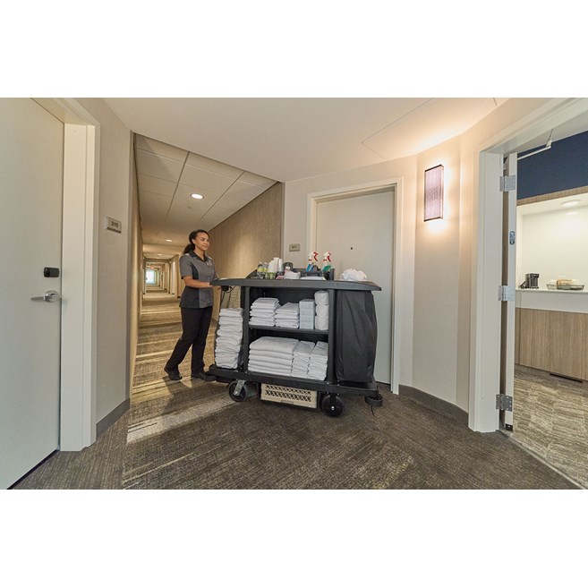 The Executive Full-Size Housekeeping Cart is a complete system solution for housekeeping with optional double bag collection and adjustable shelves.