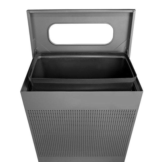 The sleek Silhouettes 22.5 Gallon FGSR18 Decorative Rectangle Indoor Waste Container has a contemporary perforated pattern designed to seamlessly and beautifully blend with modern facilities and environments. High-quality materials and craftsmanship ensure containers can withstand the rigors of everyday use.