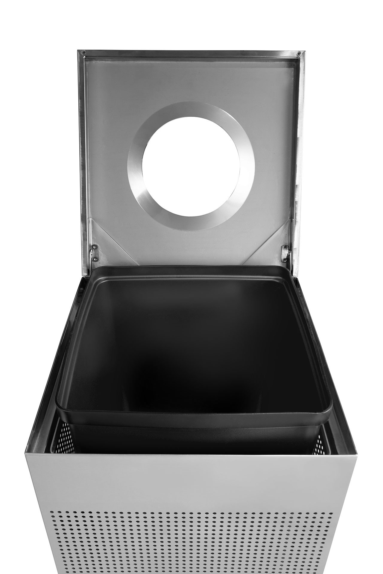 The sleek Silhouettes 20 Gallon FGSC18 Decorative Square Indoor Waste Container has a contemporary perforated pattern designed to seamlessly and beautifully blend with modern facilities and environments. High-quality materials and craftsmanship ensure containers can withstand the rigors of everyday use.