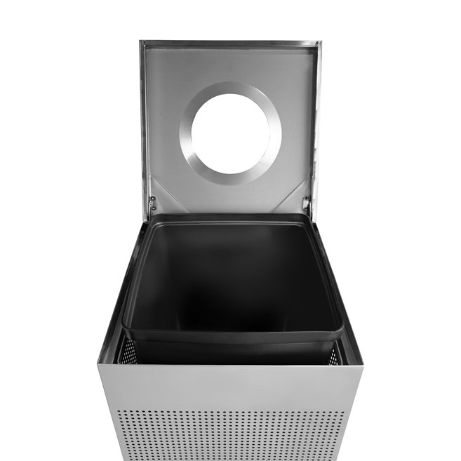 The sleek Silhouettes 20 Gallon FGSC18 Decorative Square Indoor Waste Container has a contemporary perforated pattern designed to seamlessly and beautifully blend with modern facilities and environments. High-quality materials and craftsmanship ensure containers can withstand the rigors of everyday use.