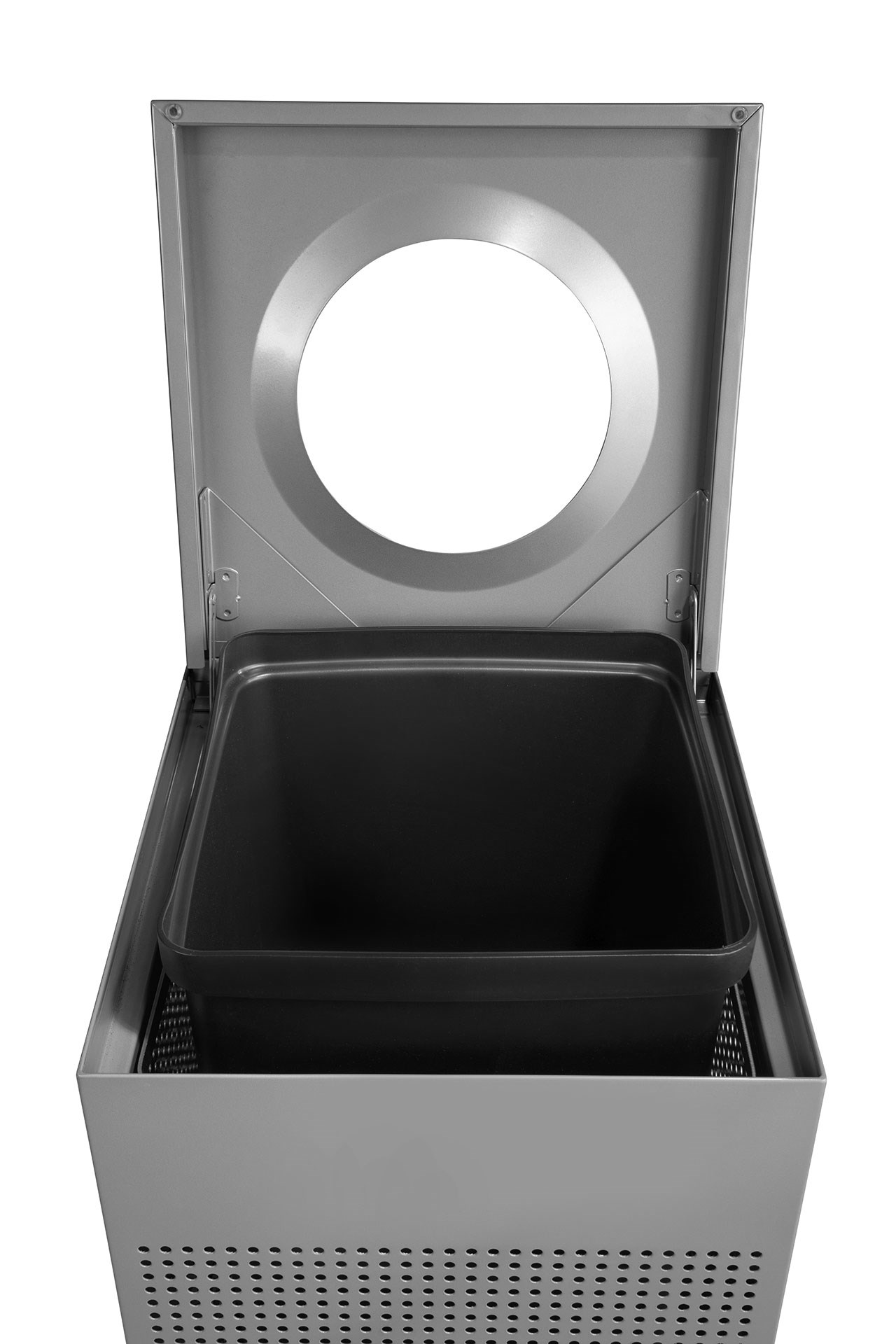 The sleek Silhouettes 16 Gallon FGSC14 Decorative Square Indoor Waste Container has a contemporary perforated pattern designed to seamlessly and beautifully blend with modern facilities and environments. High-quality materials and craftsmanship ensure containers can withstand the rigors of everyday use.