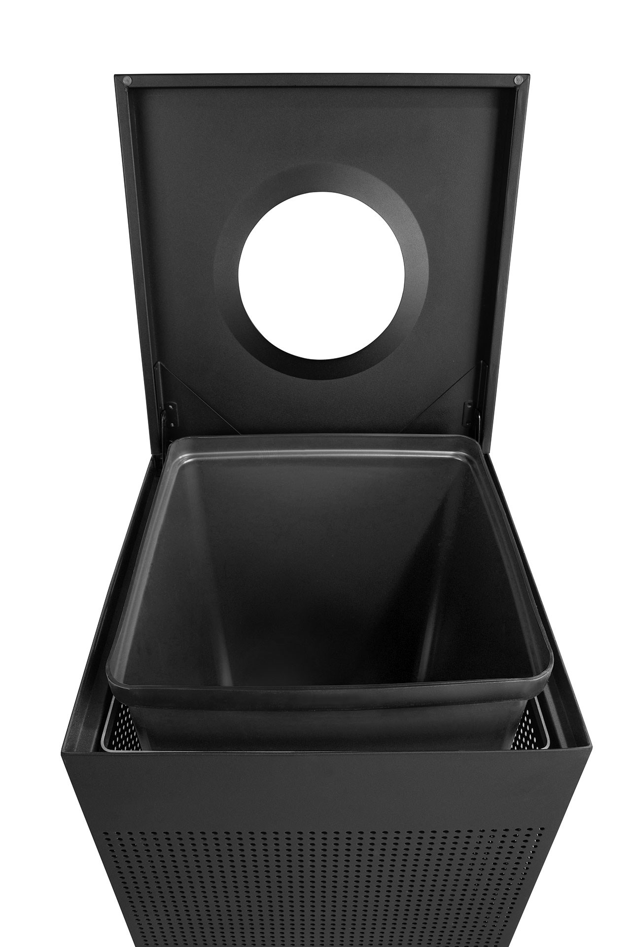 The sleek Silhouettes 20 Gallon FGSC18 Decorative Square Indoor Waste Container has a contemporary perforated pattern designed to seamlessly and beautifully blend with modern facilities and environments. High-quality materials and craftsmanship ensure containers can withstand the rigors of everyday use.