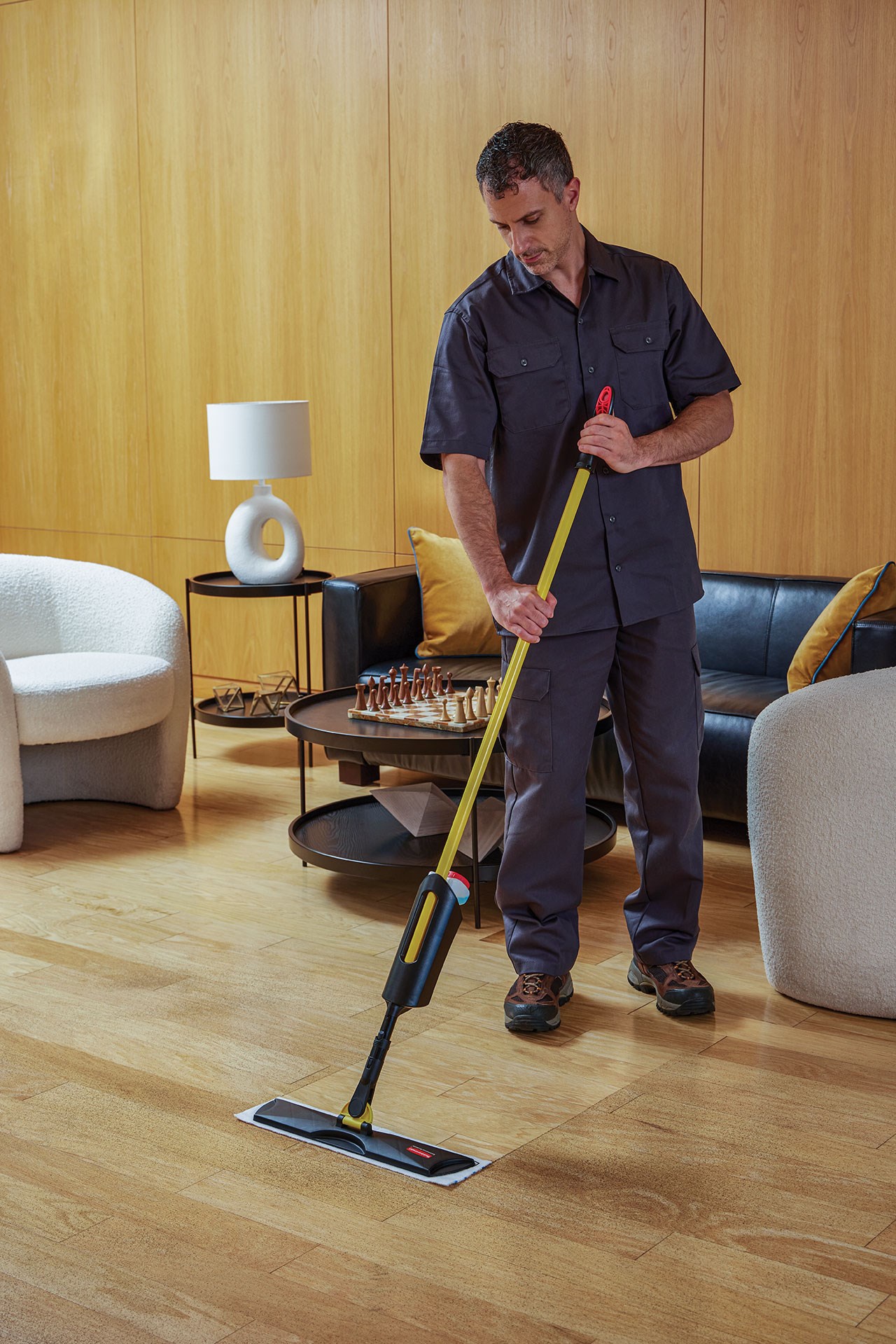 The Light Commercial Spray Mop features a lightweight and user-friendly design with cleaning solution cartridge that allows users to clean large areas without having to go back for a refill.