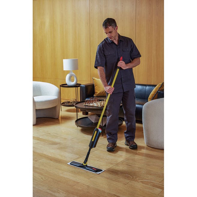 The Light Commercial Spray Mop features a lightweight and user-friendly design with cleaning solution cartridge that allows users to clean large areas without having to go back for a refill.
