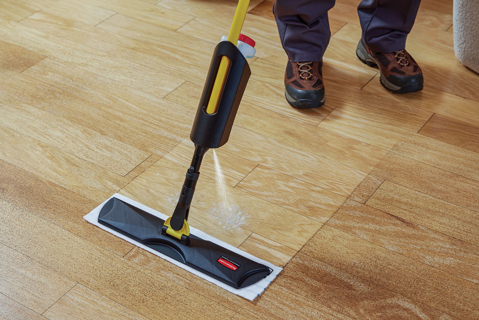 The Light Commercial Spray Mop features a lightweight and user-friendly design with cleaning solution cartridge that allows users to clean large areas without having to go back for a refill.