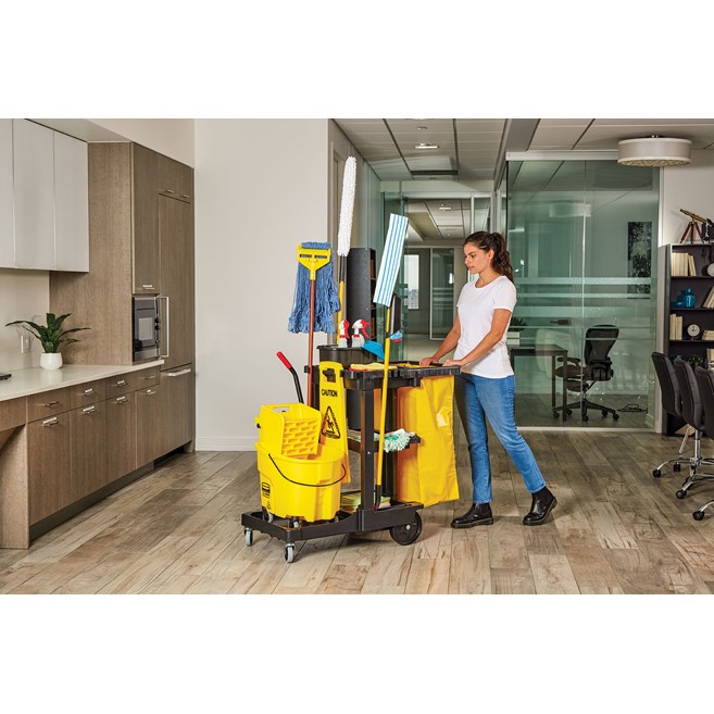 The Traditional Janitorial Cleaning Cart with zippered yellow vinyl bag collects waste and transports tools for efficient cleaning.