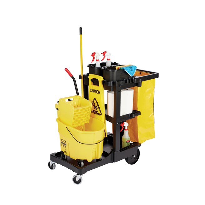 The Traditional Janitorial Cleaning Cart with zippered yellow vinyl bag collects waste and transports tools for efficient cleaning.