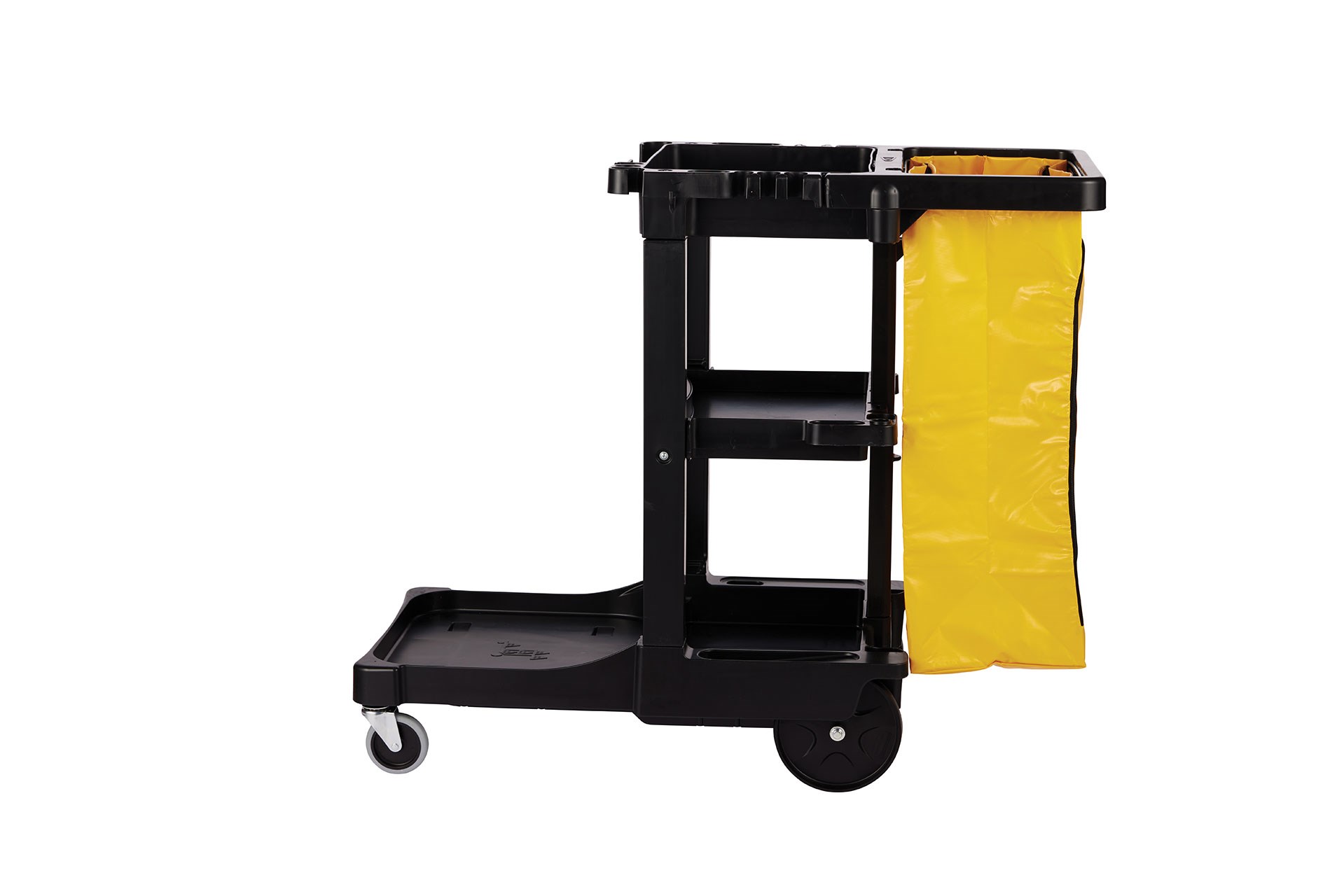 The Traditional Janitorial Cleaning Cart with zippered yellow vinyl bag collects waste and transports tools for efficient cleaning.