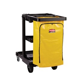 The Traditional Janitorial Cleaning Cart with zippered yellow vinyl bag collects waste and transports tools for efficient cleaning.