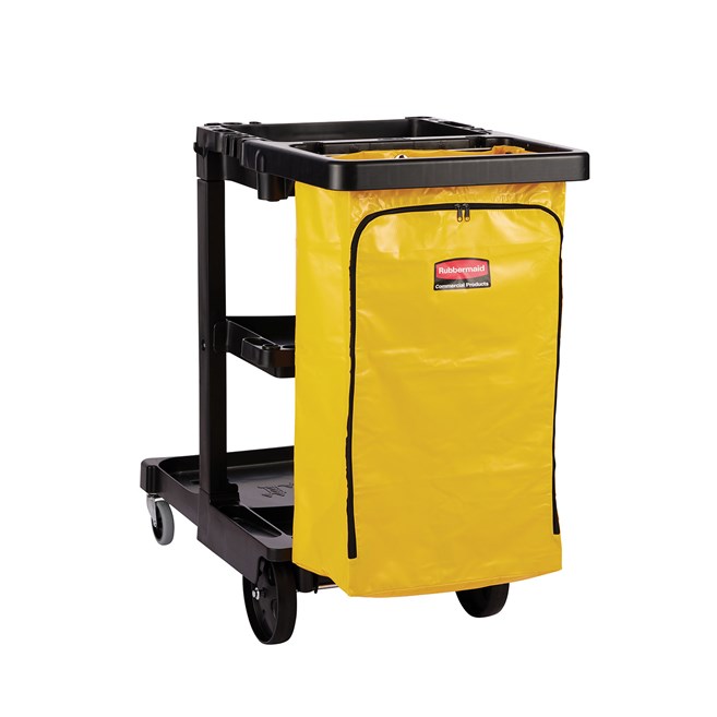 The Traditional Janitorial Cleaning Cart with zippered yellow vinyl bag collects waste and transports tools for efficient cleaning.