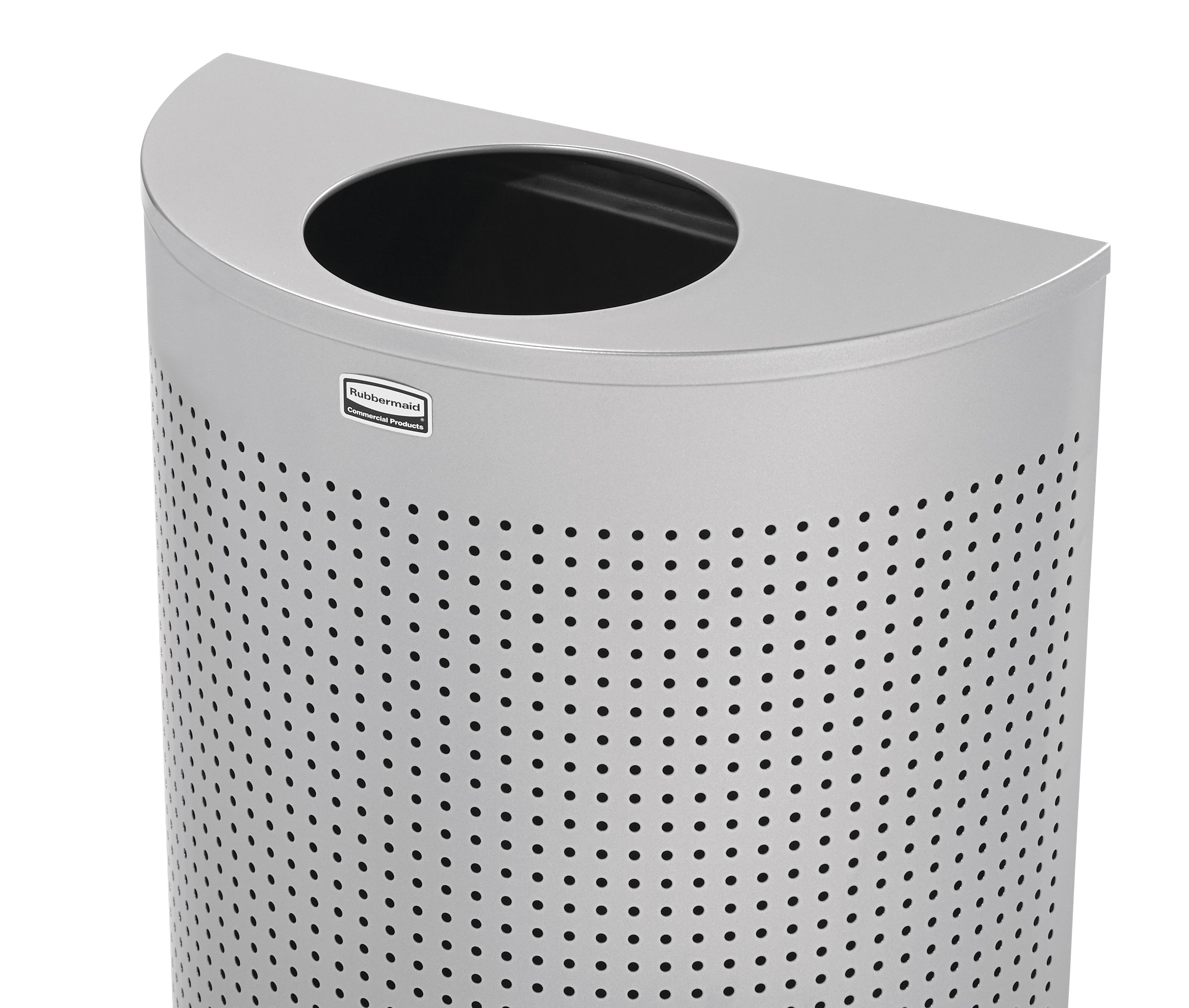 The Half Rounds Series indoor decorative waste container fits flush against walls to conserve space and reduce obstructions in high-traffic areas. The sleek and functional design of this receptacle blends seamlessly with upscale and modern indoor facilities.