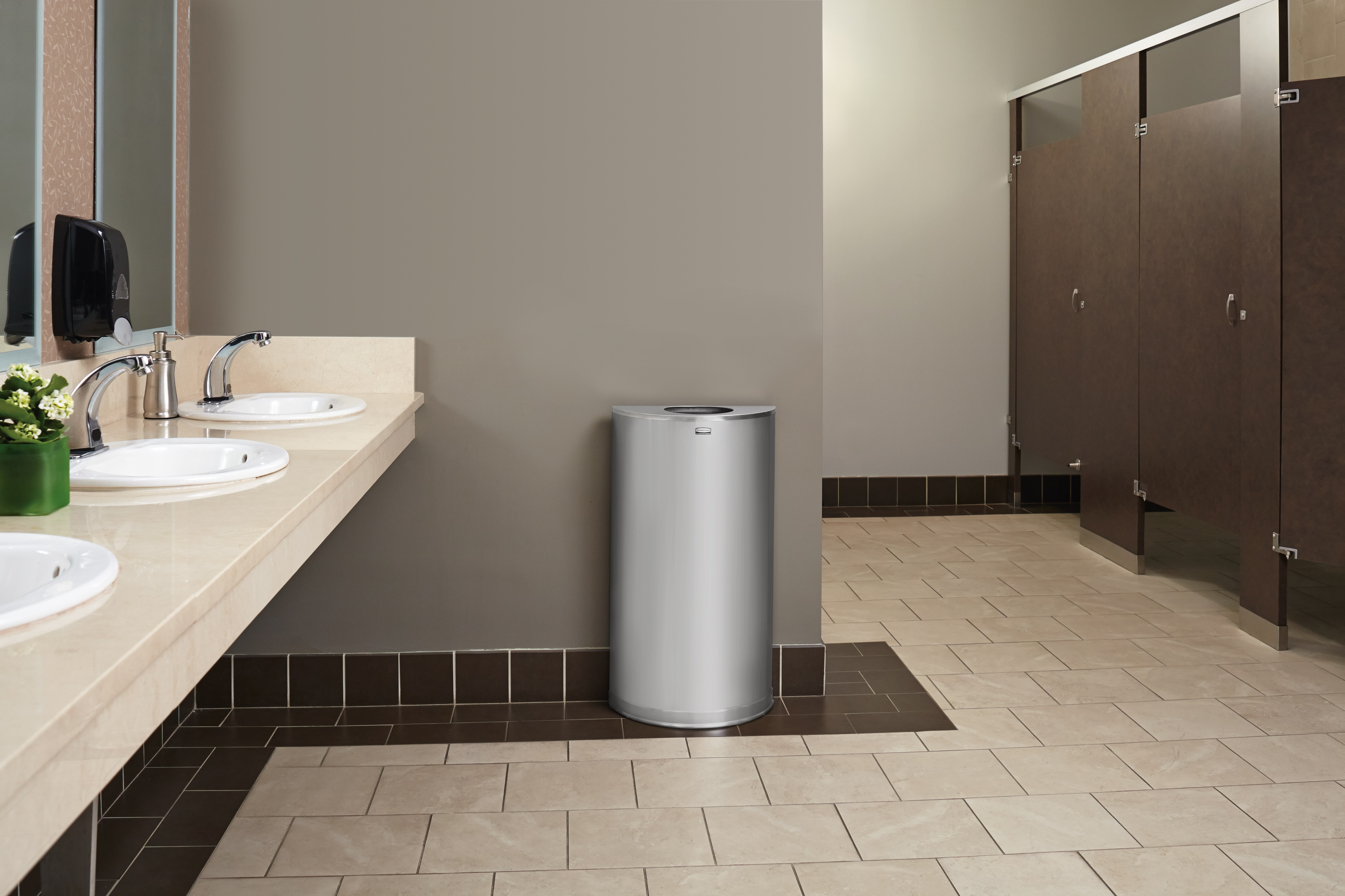 The Half Rounds Series indoor decorative waste container fits flush against walls to conserve space and reduce obstructions in high-traffic areas. The sleek and functional design of this receptacle blends seamlessly with upscale and modern indoor facilities.