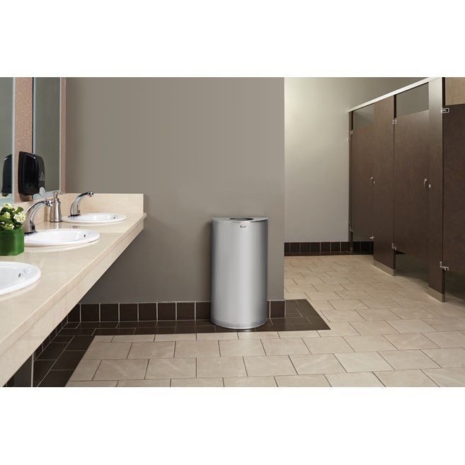 The Half Rounds Series indoor decorative waste container fits flush against walls to conserve space and reduce obstructions in high-traffic areas. The sleek and functional design of this receptacle blends seamlessly with upscale and modern indoor facilities.
