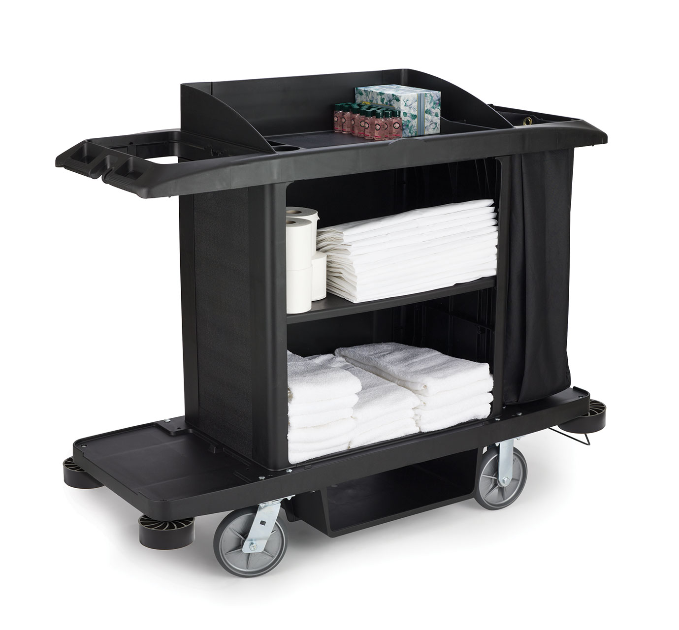 The Executive Full-Size Housekeeping Cart is a complete system solution for housekeeping with optional double bag collection and adjustable shelves.