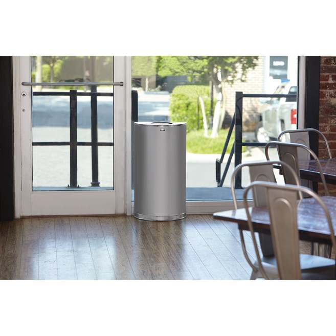 The Half Rounds Series indoor decorative waste container fits flush against walls to conserve space and reduce obstructions in high-traffic areas. The sleek and functional design of this receptacle blends seamlessly with upscale and modern indoor facilities.