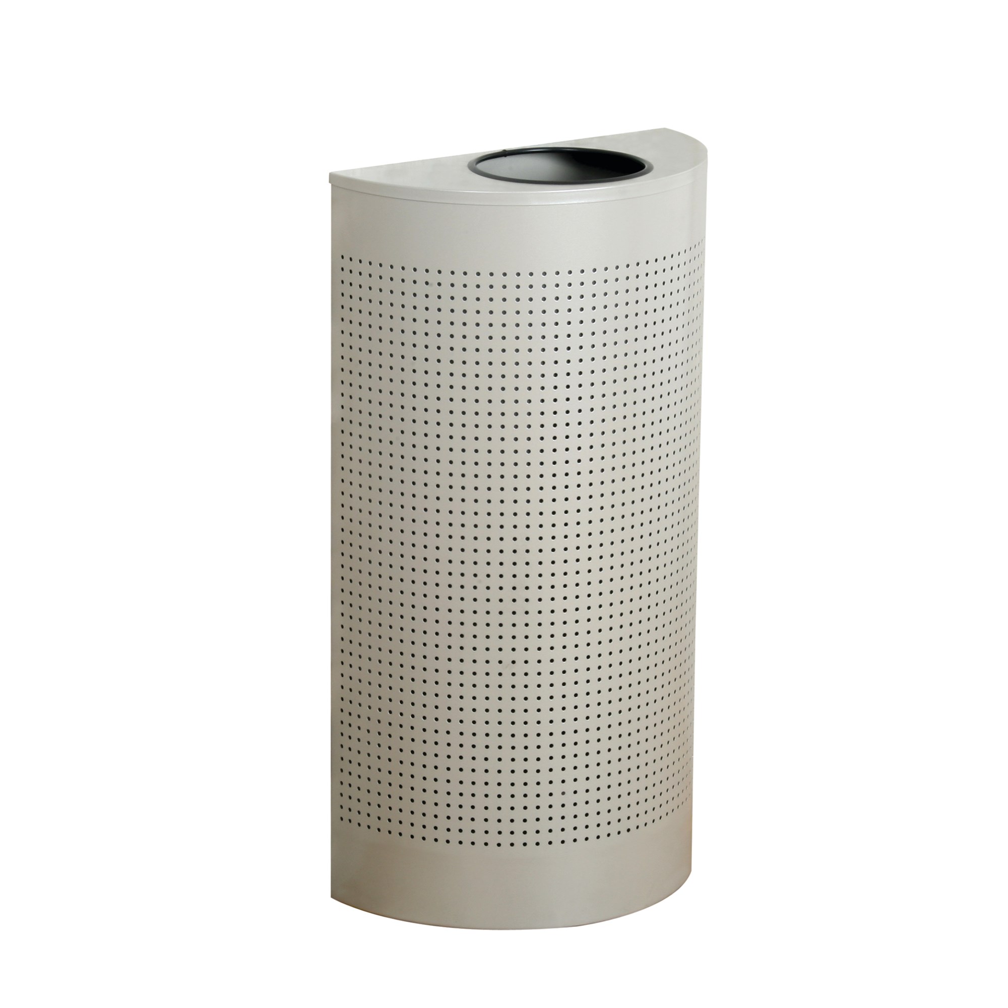 The Half Rounds Series indoor decorative waste container fits flush against walls to conserve space and reduce obstructions in high-traffic areas. The sleek and functional design of this receptacle blends seamlessly with upscale and modern indoor facilities.