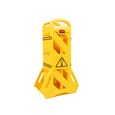 Easy to use, easy to see, easy to move, and easy to store mobile barrier uses articulating panels to extend to 13 feet long. It can be used straight, curved or circular. ANSI/OSHA-compliant colors.