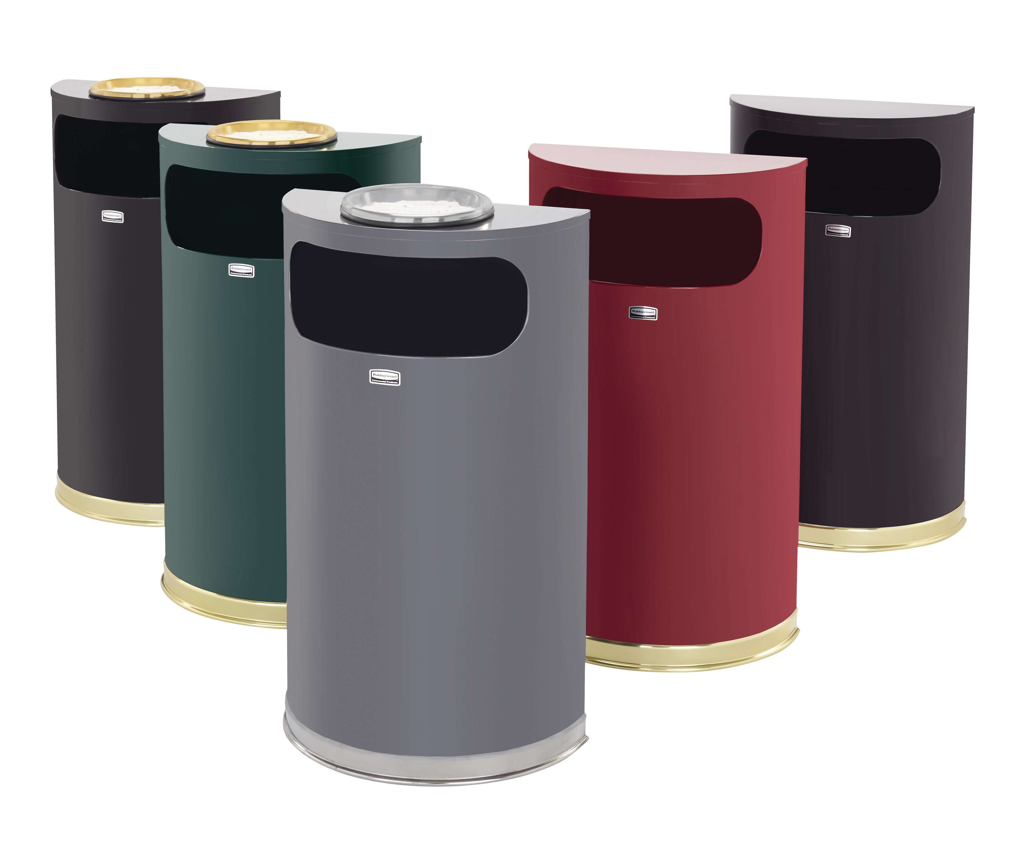 The Half Rounds Series indoor decorative waste container fits flush against walls to conserve space and reduce obstructions in high-traffic areas. The sleek and functional design of this receptacle blends seamlessly with upscale and modern indoor facilities.