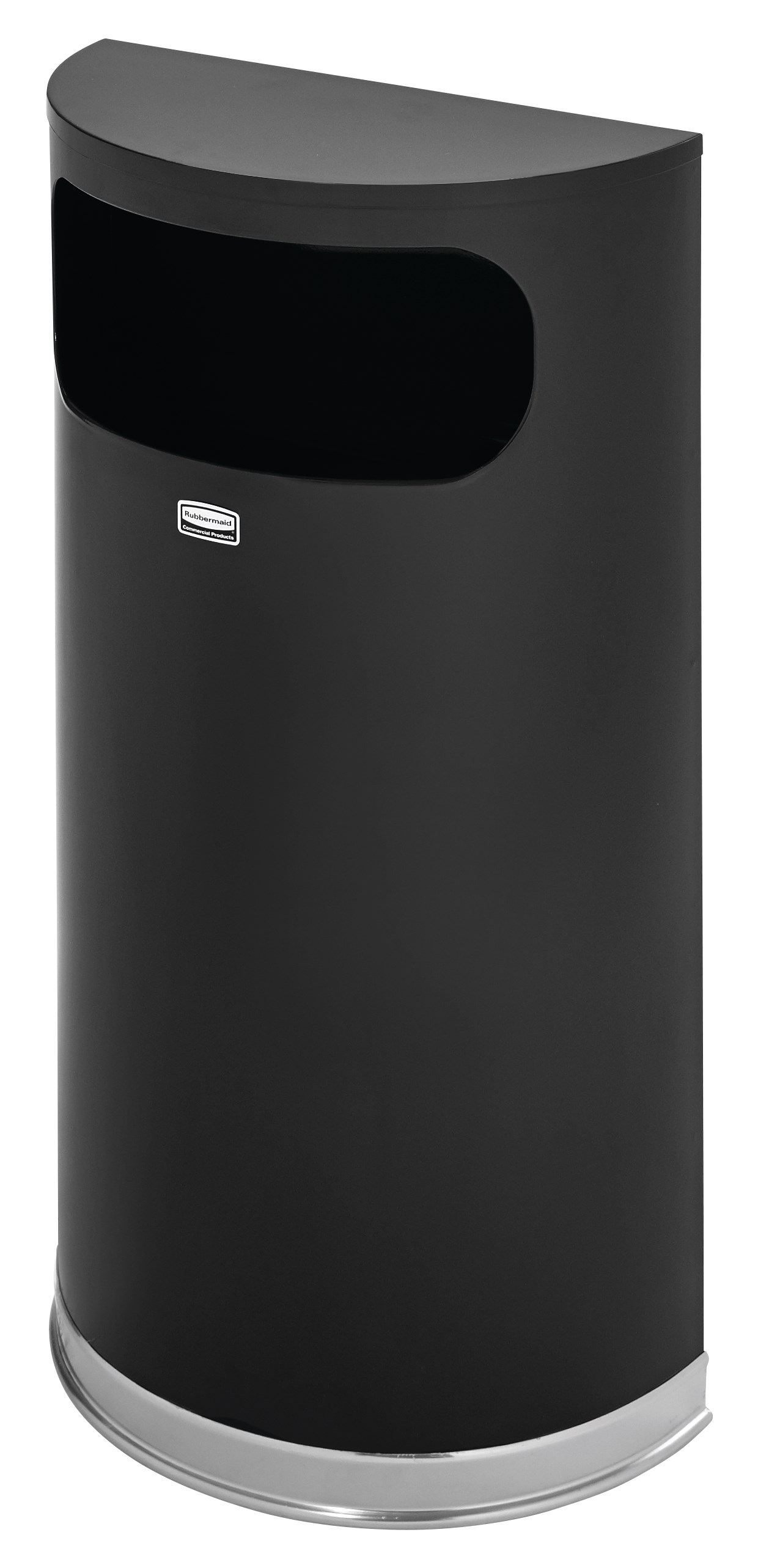 The Half Round 34 l FGSO8 Indoor Waste Container is made from heavy-gauge, fire-safe steel in a half-round design that fits flush against walls to conserve space. The sleek and functional design of this receptacle blends nicely with upscale interiors