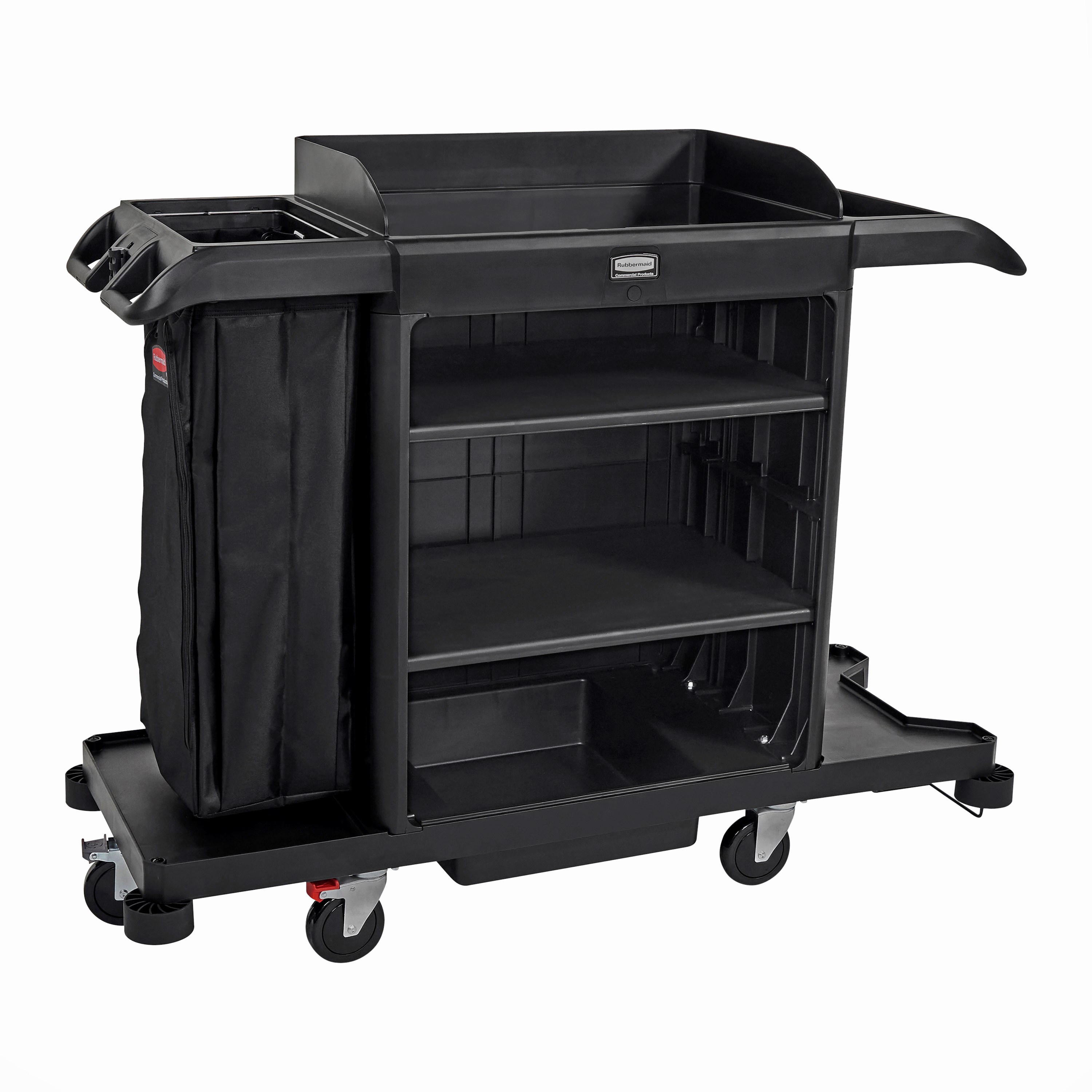 The Full-Size Housekeeping Cart is the complete system solution for efficient housekeeping, offering 360° maneuverability and customizable organization with two adjustable shelves.