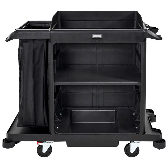 The Compact Housekeeping Cart is the complete system solution for efficient housekeeping, offering 360° maneuverability and customizable organization with an adjustable shelf.