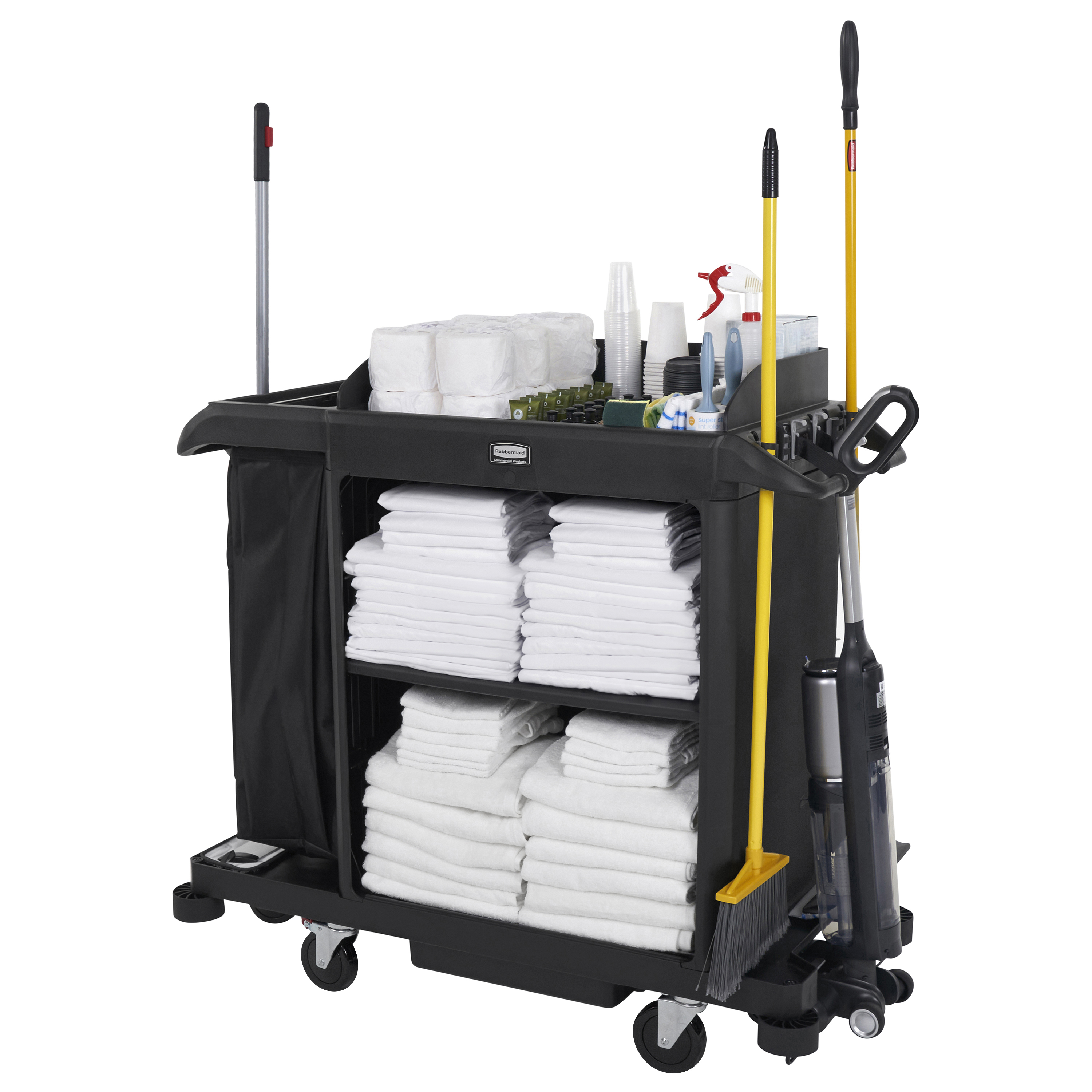 The Compact Housekeeping Cart is the complete system solution for efficient housekeeping, offering 360° maneuverability and customizable organization with an adjustable shelf.