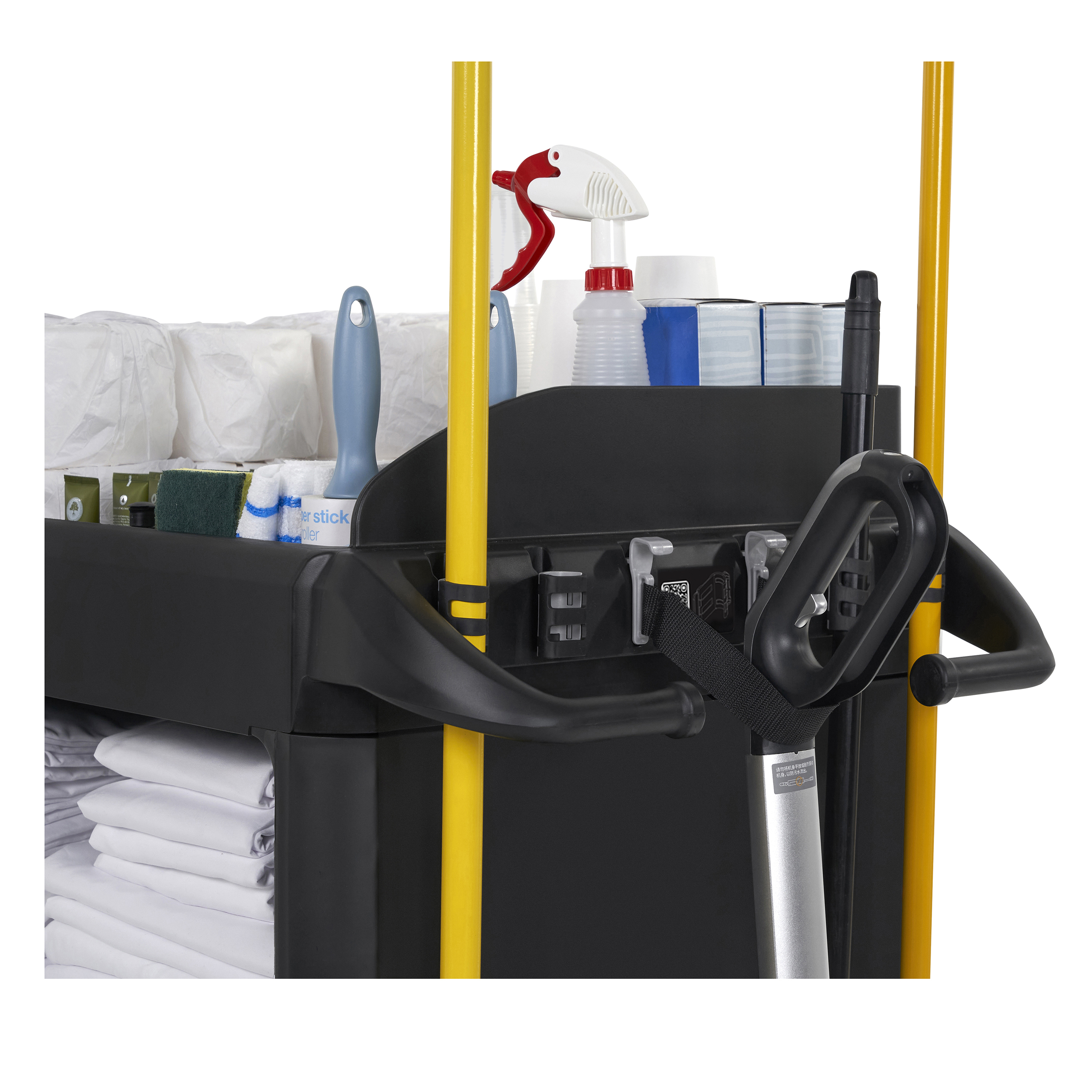 The Compact Housekeeping Cart is the complete system solution for efficient housekeeping, offering 360° maneuverability and customizable organization with an adjustable shelf.