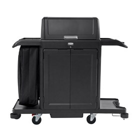 The Full-Size Housekeeping Cart with Hood and Doors is the complete system solution for efficient housekeeping, offering 360° maneuverability and customizable organization with two adjustable shelves.