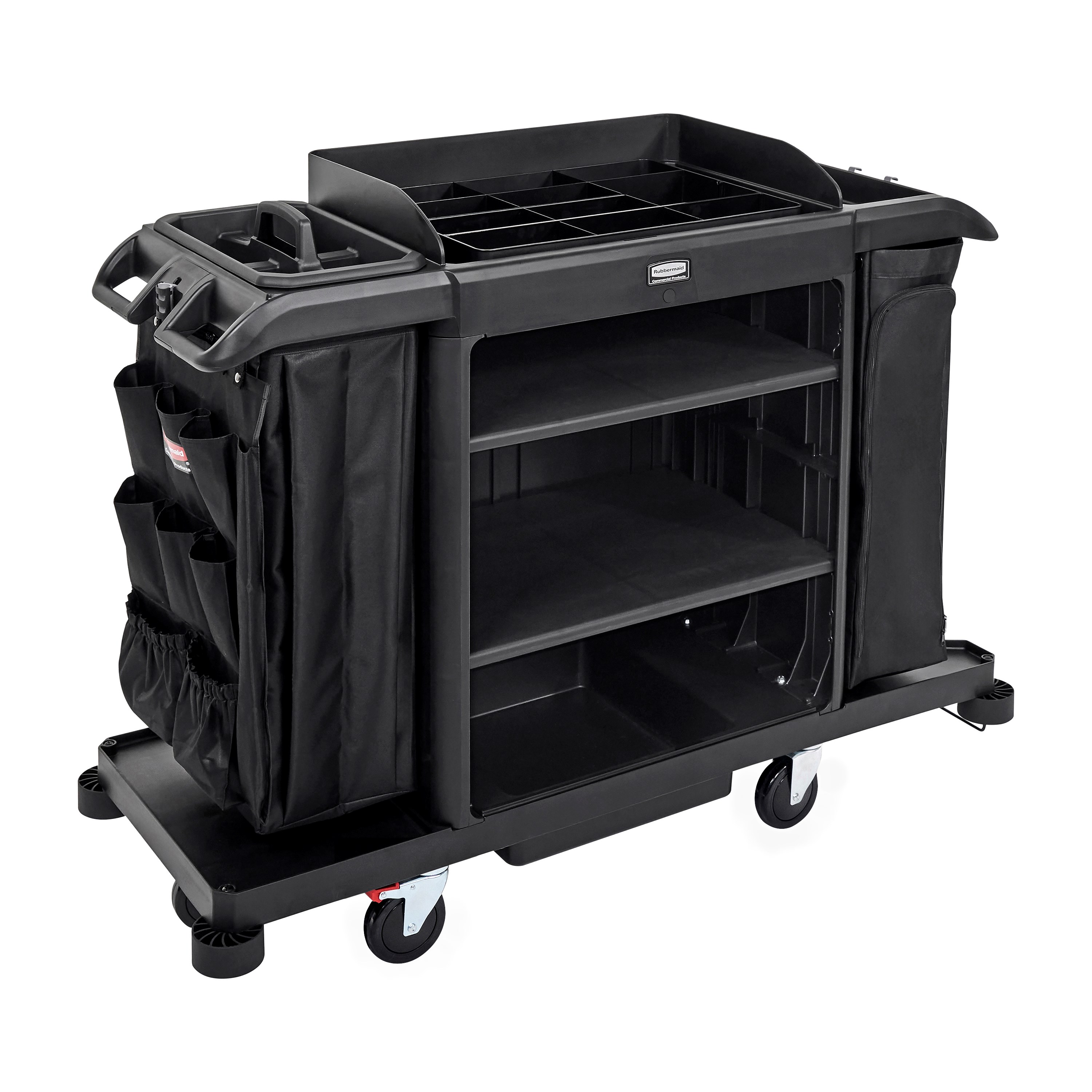 The Full-Size Housekeeping Cart with Accessory Bundle is the complete system solution for efficient housekeeping, offering 360° maneuverability and a new accessory bundle for improved cart organization.