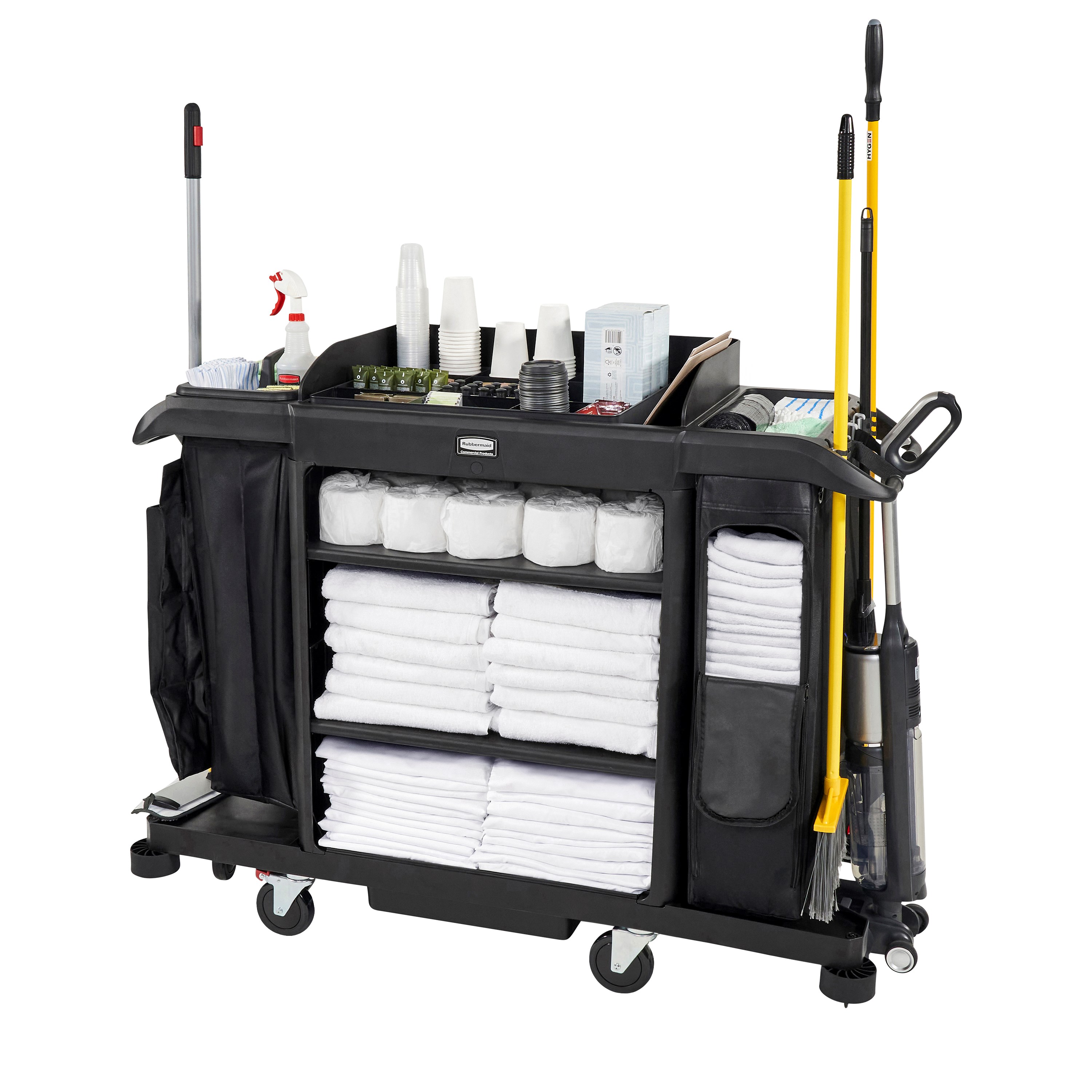 The Full-Size Housekeeping Cart with Accessory Bundle is the complete system solution for efficient housekeeping, offering 360° maneuverability and a new accessory bundle for improved cart organization.