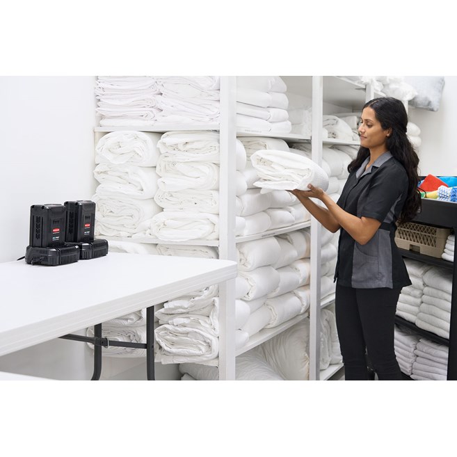 The PROPWR™ Charger allows users to charge the universal PROPWR™ battery, which powers a variety of motorized carts, including the Housekeeping Cart Motorized Kit, Motorized Rotomolded Tilt Truck, and Platform Truck Motorized Kit.