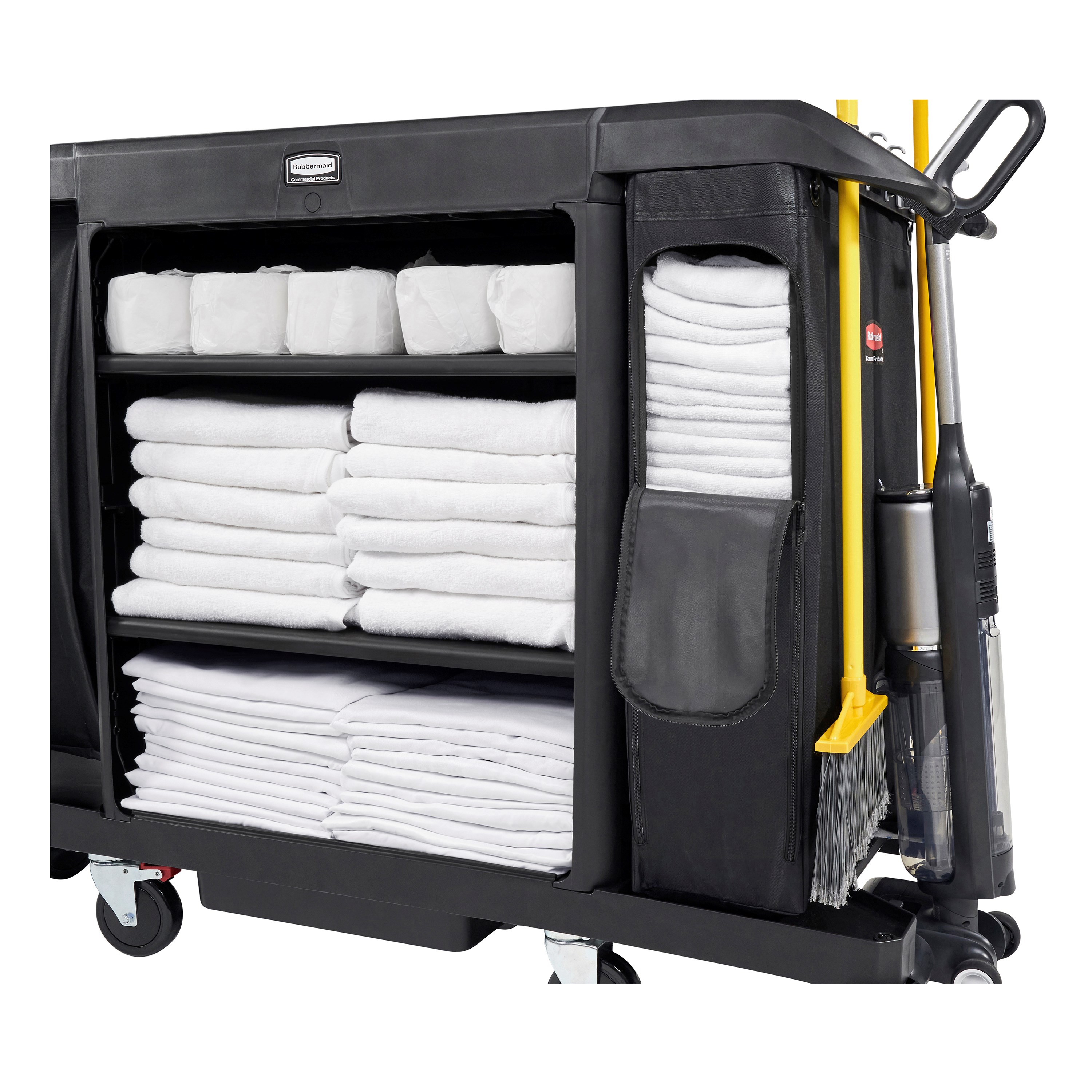 The Side-Load Linen Bag for Housekeeping Carts increases capacity for clean linens without the need for a larger cart.